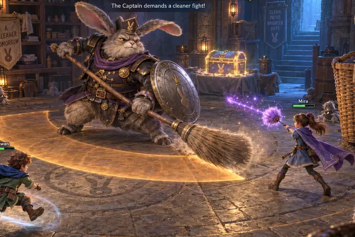Two heroes battle the Dust Bunny Captain as he swings a giant broom.