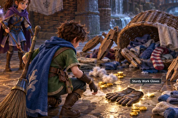 A young hero gathers gold and work gloves from a defeated laundry basket monster.