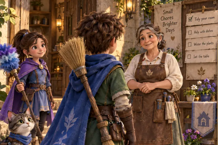 Rowan and Mira report a finished chore to the Chore Keeper beside the town notice board.
