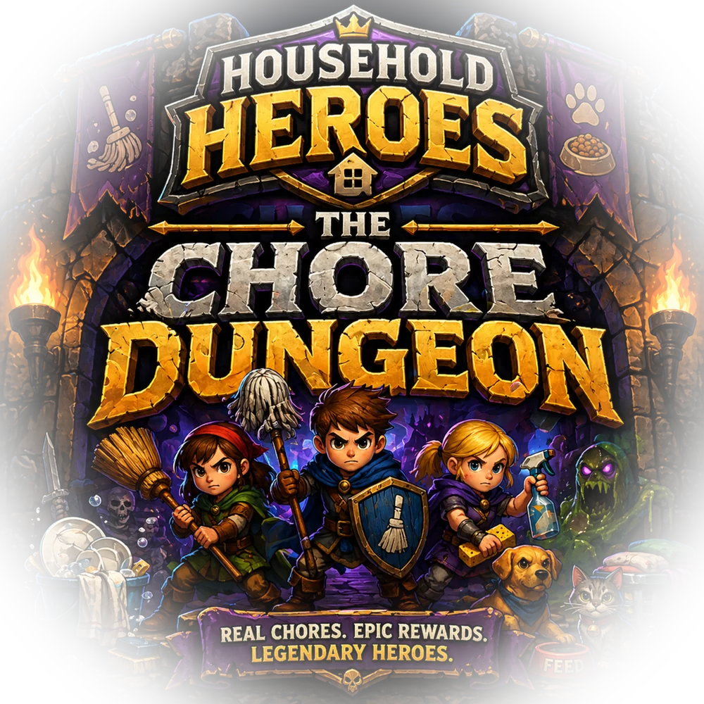 Household Heroes: The Chore Dungeon. Three young heroes armed with a broom, a mop and a spray bottle stand ready with their dog and cat.